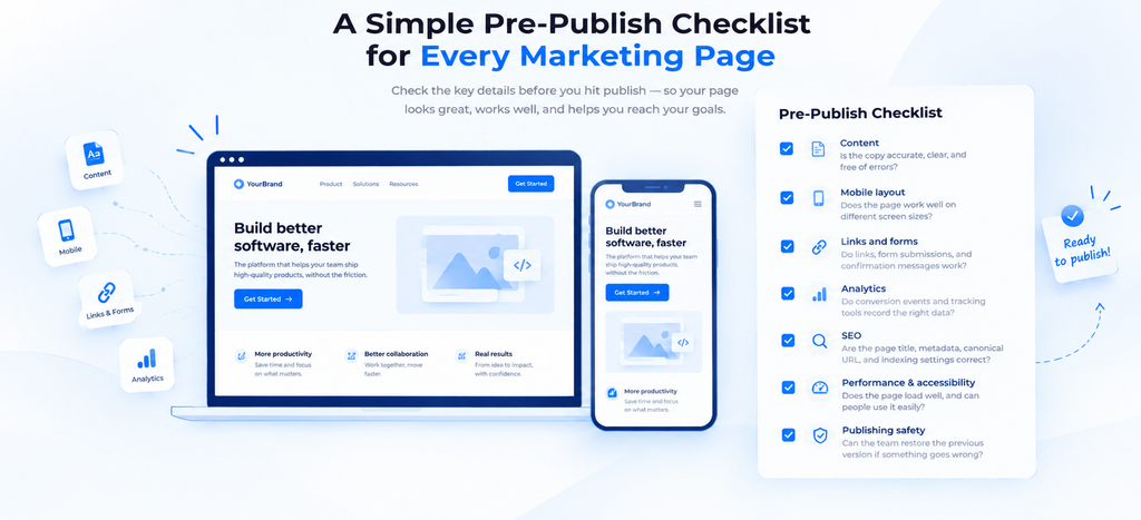 Marketing landing page quality checks for mobile layout, forms, analytics, SEO, performance, and accessibility